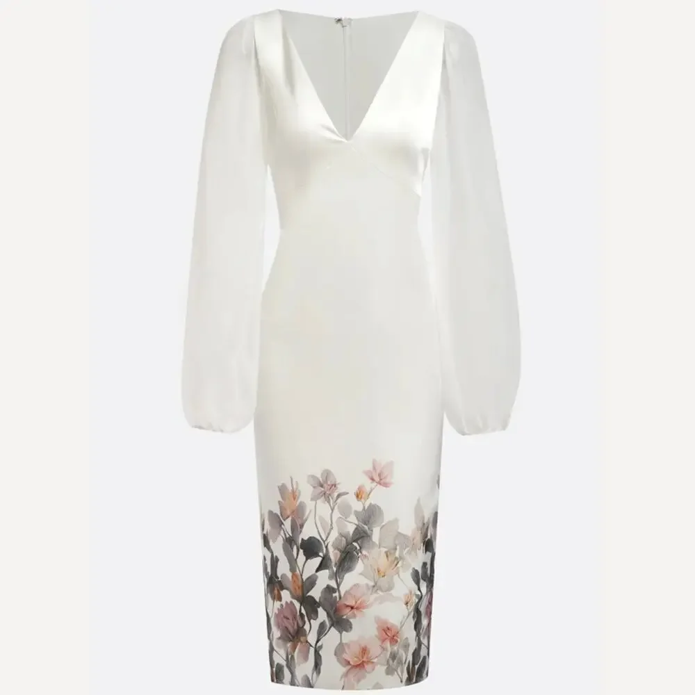 FEHAUTE US10 White Bridal Dress | Sheer Sleeves, Floral Hem, NWT - Picture 3 of 13